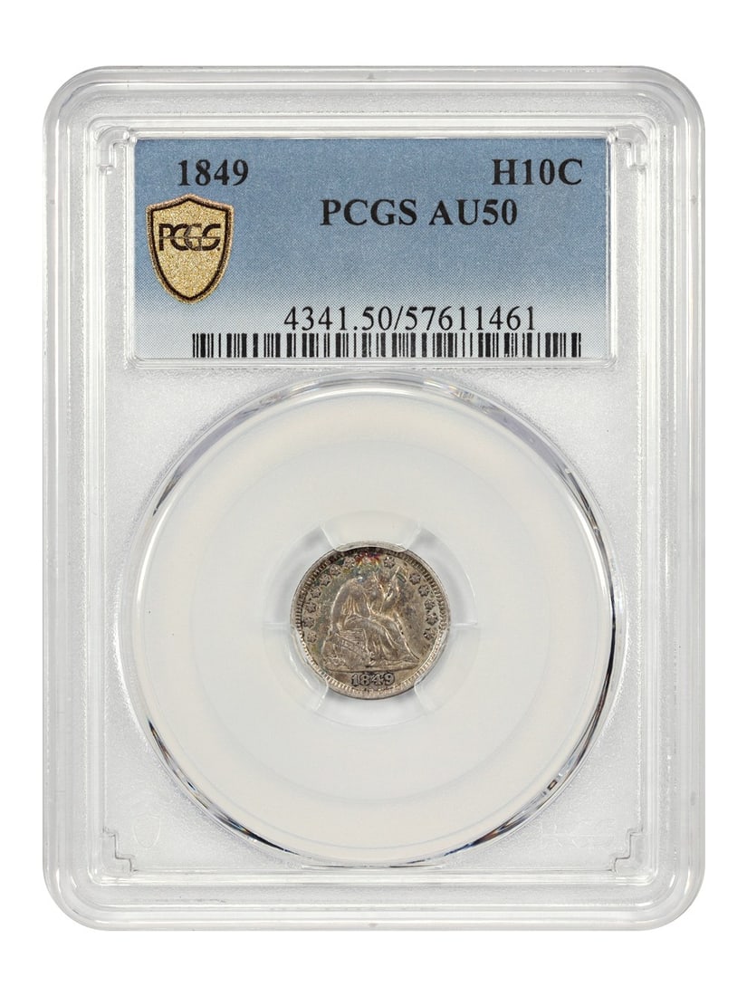 1849 Liberty Seated Half Dime H10C PCGS AU50 Certified: 1849 Liberty Seated Half Dime H10C PCGS AU50 Certified This 1849 Liberty Seated Half Dime is certified by PCGS with a grade of AU50, indicating it has been circulated but is in excellent condition. Mi