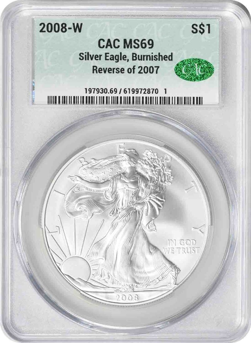 2008-W American Silver Eagle Burnished MS69 CACG Coin: 2008-W American Silver Eagle Burnished MS69 CACG Coin This 2008-W American Silver Eagle is a stunning addition to any collection, featuring a burnished strike type that enhances its aesthetic appeal.