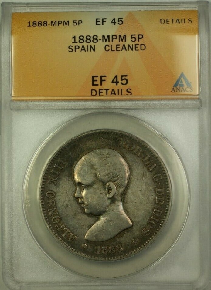 1888 Spain 5 Pesetas Coin ANACS EF 45 Cleaned: 1888 Spain 5 Pesetas Coin ANACS EF 45 Cleaned This 1888 5 Pesetas coin from Spain is a noteworthy collectible, certified by ANACS with a grade of EF 45. The coin has been cleaned, which is an importan