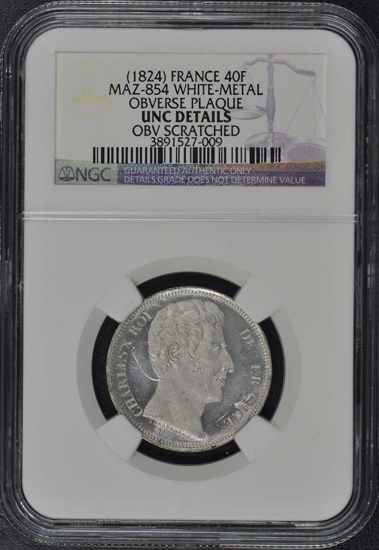 1824 ESSAI France 40F NGC Unc Details White Metal Plaque: 1824 ESSAI France 40F NGC Unc Details White Metal Plaque This stunning 1824 ESSAI FRANCE 40F showcases a remarkable Uncirculated condition, certified by NGC with the grade of UNC Details. The coin, ma