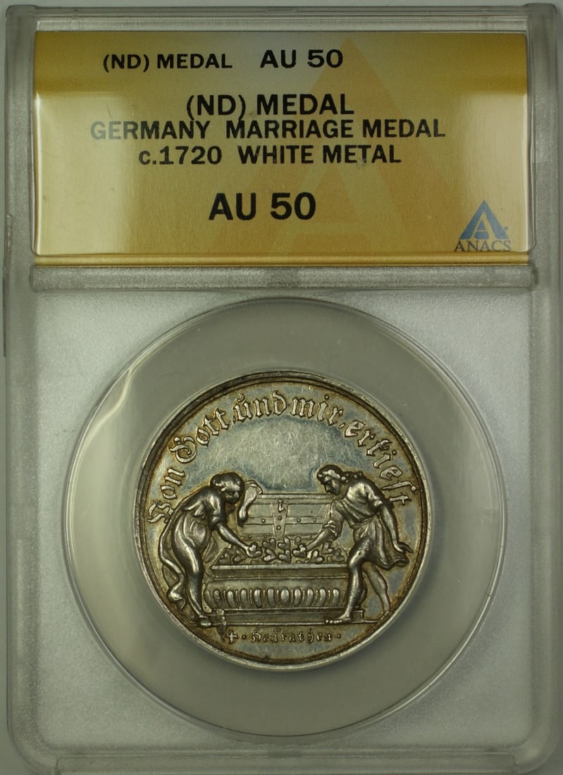 Circa 1720 Germany Marriage Medal White Metal ANACS AU-50: Circa 1720 Germany Marriage Medal White Metal ANACS AU-50 This circa 1720 marriage medal from Germany is crafted from white metal and holds a unique historical significance. It is classified as circul