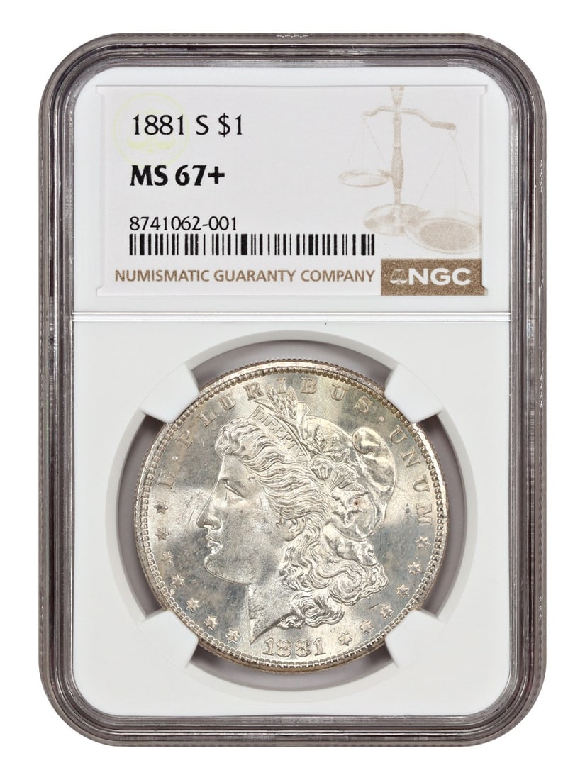 1881-S Morgan Dollar NGC MS67+ Uncirculated Coin: 1881-S Morgan Dollar NGC MS67+ Uncirculated Coin This 1881-S Morgan Dollar is certified by NGC with a remarkable grade of MS67+. It is in uncirculated condition, showcasing frosty surfaces and an inte
