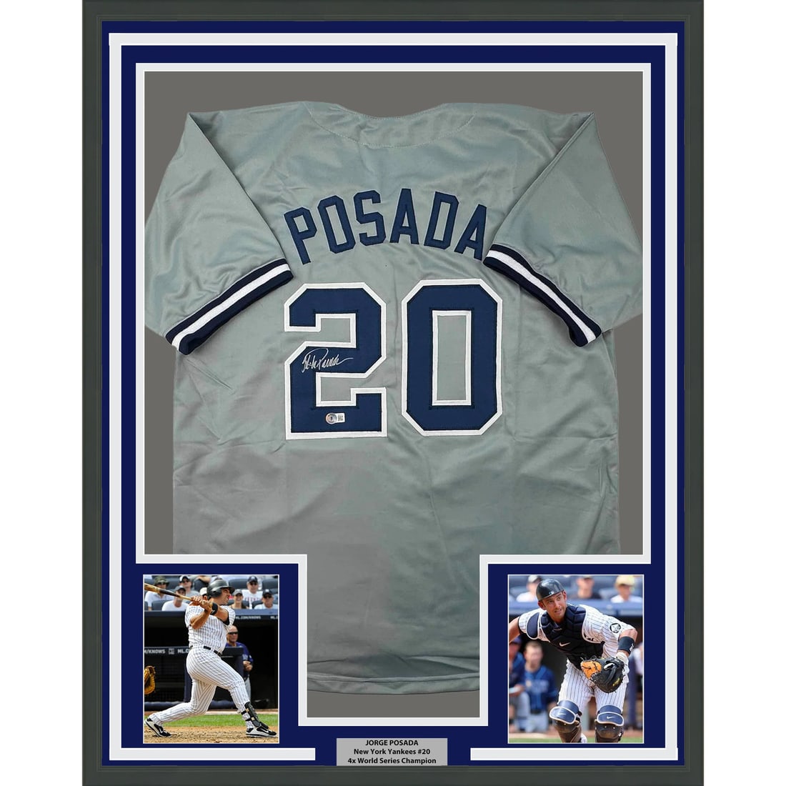 Framed Jorge Posada Autographed Jersey New York Yankees BAS COA: Framed Jorge Posada Autographed Jersey New York Yankees BAS COA Celebrate the legacy of Jorge Posada with this professionally framed autographed New York Yankees grey jersey. The jersey, measuring 33x