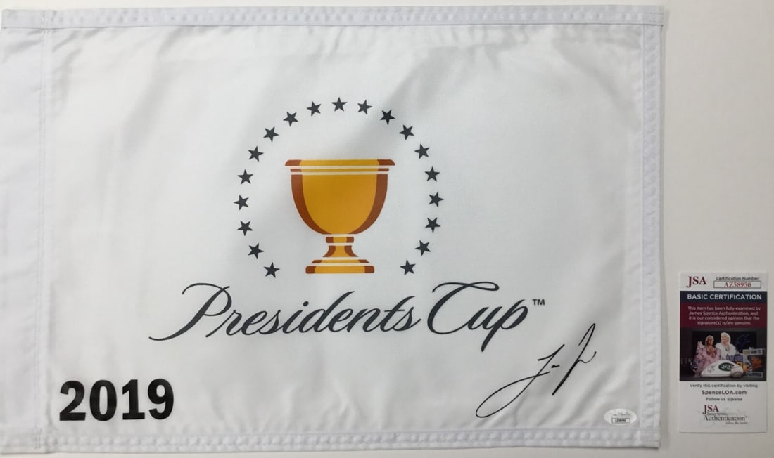 Joaquin Niemann Signed The President's Cup 2019 Pin Flag JSA AZ58950: Joaquin Niemann Signed The President's Cup 2019 Pin Flag JSA AZ58950 This is an official pin flag from The President's Cup 2019, signed by PGA star Joaquin Niemann. The autograph has been authenticate