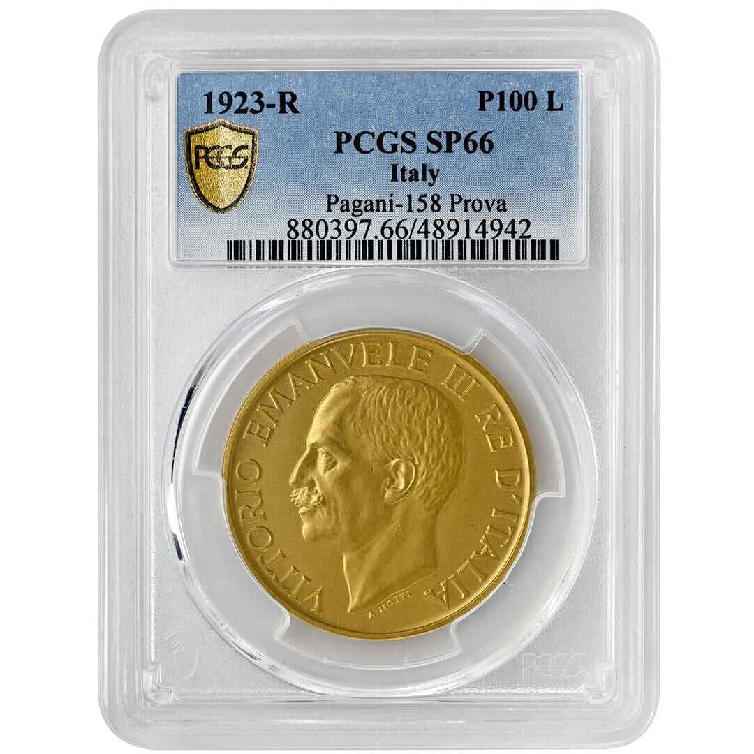 1923-R 100 Lira Italy PCGS SP66 Matte Gold Rare Coin: 1923-R 100 Lira Italy PCGS SP66 Matte Gold Rare Coin This exceptional 1923-R 100 Lira coin from Italy is graded SP66 by PCGS, making it one of the finest known examples of this rare piece. The coin is