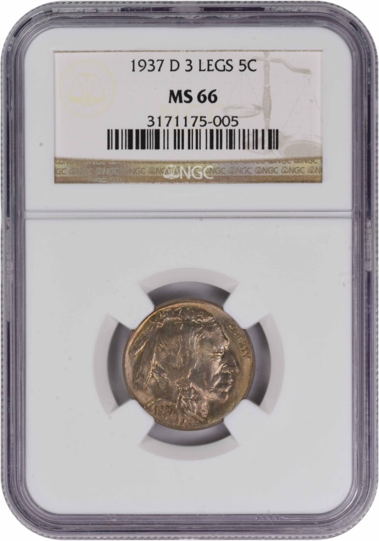 1937-D Buffalo Nickel 5C MS66 NGC James Earle Fraser: 1937-D Buffalo Nickel 5C MS66 NGC James Earle Fraser This 1937-D Buffalo Nickel features a unique three-legged design, certified by NGC with a grade of MS66. Struck in Denver, this coin is made of 75%