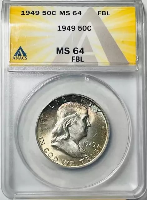 1949 Franklin Half Dollar ANACS MS-64 FBL Silver Coin: 1949 Franklin Half Dollar ANACS MS-64 FBL Silver Coin This stunning 1949 Franklin Half Dollar, certified by ANACS, showcases exceptional detail with Full Bell Lines (FBL) designation, indicative of it