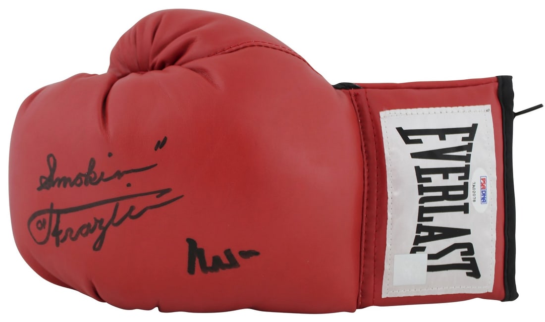 Muhammad Ali Joe Frazier Signed Red Everlast Boxing Glove PSA/DNA Certified: Muhammad Ali Joe Frazier Signed Red Everlast Boxing Glove PSA/DNA Certified This is an authentic red Everlast boxing glove personally signed by two boxing legends, Muhammad Ali and Joe Frazier. The gl