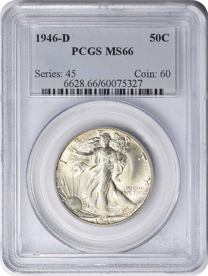 1946-D Walking Liberty Half Dollar MS66 PCGS Uncirculated Silver Coin: 1946-D Walking Liberty Half Dollar MS66 PCGS Uncirculated Silver Coin This 1946-D Walking Liberty Half Dollar is an exquisite representation of American numismatic history. Graded MS66 by PCGS, this c