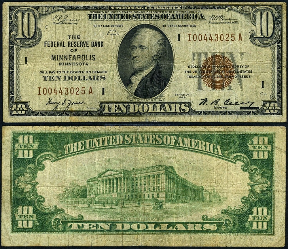 $10 1929 Federal Reserve Note Minneapolis I-A Block Fine Circulated: $10 1929 Federal Reserve Note Minneapolis I-A Block Fine Circulated This 1929 $10 Federal Reserve Bank Note from Minneapolis, designated as FR. 1860 I, is a noteworthy addition for any currency collec