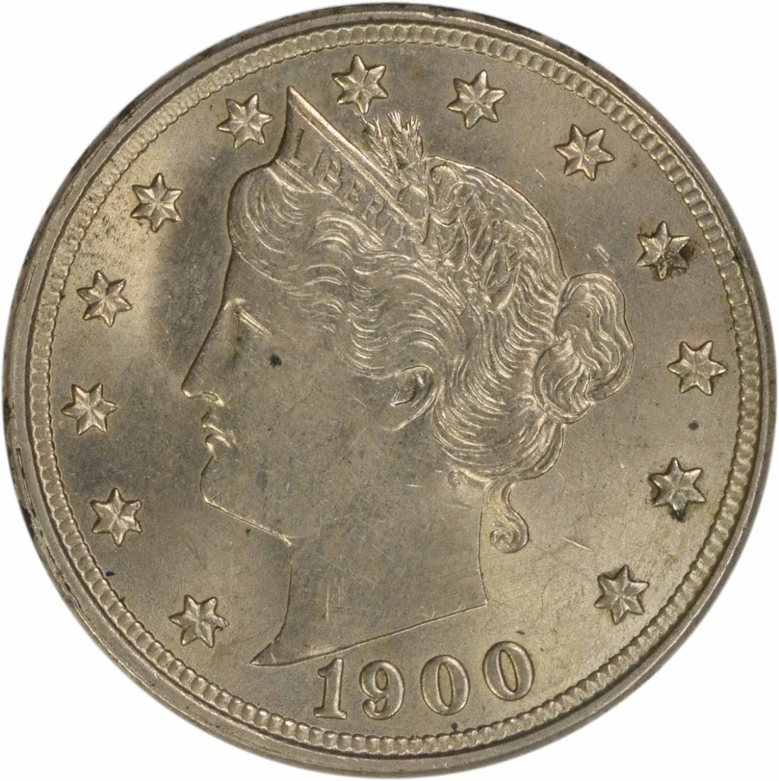 Uncirculated 1900 Liberty Nickel Five Cent Choice BU Uncertified: Uncirculated 1900 Liberty Nickel Five Cent Choice BU Uncertified This is a 1900 Liberty Nickel graded as Choice Brilliant Uncirculated (BU). The coin has no mint mark and is composed of nickel. It is