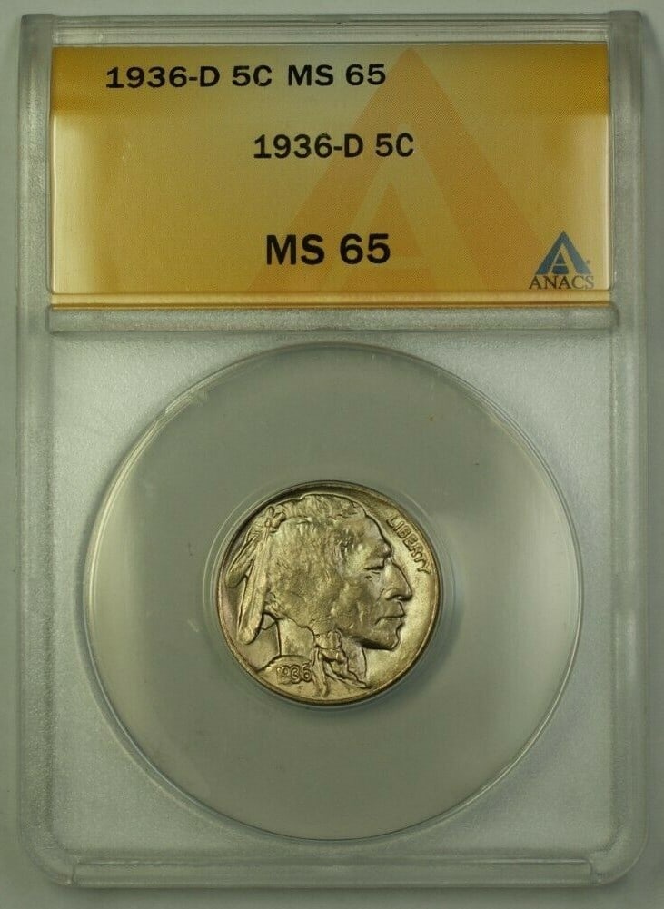 1936-D Buffalo Nickel 5c Coin ANACS MS-65 Uncirculated: 1936-D Buffalo Nickel 5c Coin ANACS MS-65 Uncirculated This 1936-D US Buffalo Nickel is a stunning example of numismatic excellence, certified by ANACS and graded MS-65 Gem. Struck in Denver, this unc