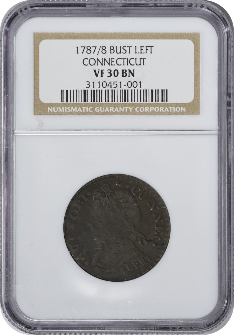 1787 Connecticut Copper Coin Bust Left NGC VF30BN: 1787 Connecticut Copper Coin Bust Left NGC VF30BN This 1787 Connecticut Copper features a bust facing left and has been graded VF30BN by NGC, indicating it is in very fine condition. Minted in Philade