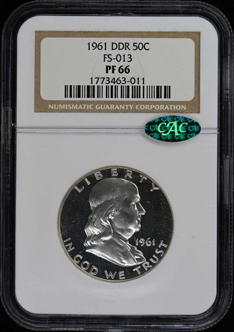 1961 Franklin Half Dollar Double Die Proof NGC PR66 CAC: 1961 Franklin Half Dollar Double Die Proof NGC PR66 CAC This 1961 Franklin Half Dollar features a doubled die and is certified by NGC with a grade of PR66. It is an uncirculated proof coin from the Ph