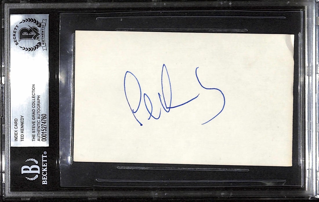 Ted Kennedy Signed 3x5 Index Card Beckett Authenticated: Ted Kennedy Signed 3x5 Index Card Beckett Authenticated This is an authenticated autograph of United States Senator Ted Kennedy, signed in blue ballpoint pen on a 3x5 index card. The signature has bee