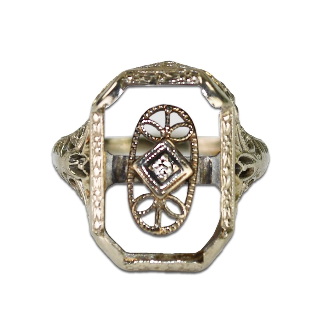 14K White Gold Antique Art Deco Ring with Diamond 2.6g (1 of 8)