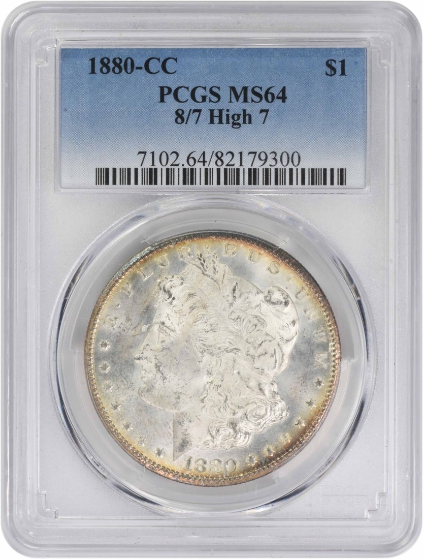 MS64 PCGS 1880 Carson City Morgan Dollar 8 Over 7 High 7 Variety: MS64 PCGS 1880 Carson City Morgan Dollar 8 Over 7 High 7 Variety This 1880-CC Morgan Silver Dollar features the 8/7 High 7 overdate variety and has been graded MS64 by PCGS. Struck at the Carson City 