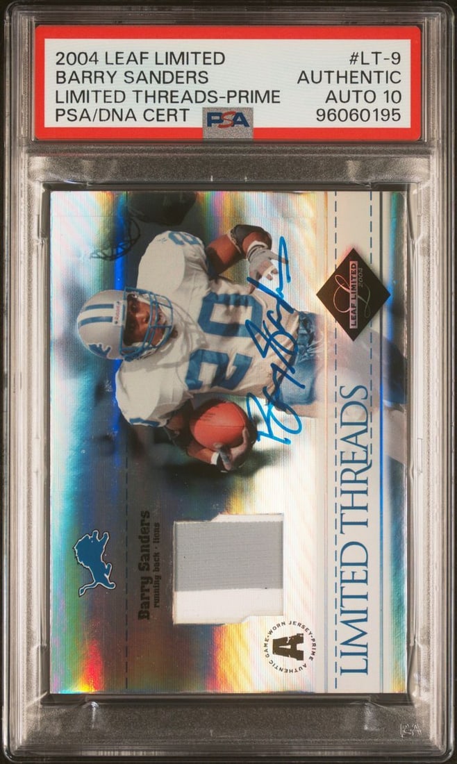 2004 Leaf Limited Threads Barry Sanders Signed Card PSA AUTO 10: 2004 Leaf Limited Threads Barry Sanders Signed Card PSA AUTO 10 Discover this remarkable 2004 Leaf Limited Threads-Prime #LT-9 sports trading card featuring the legendary Barry Sanders. This card is a