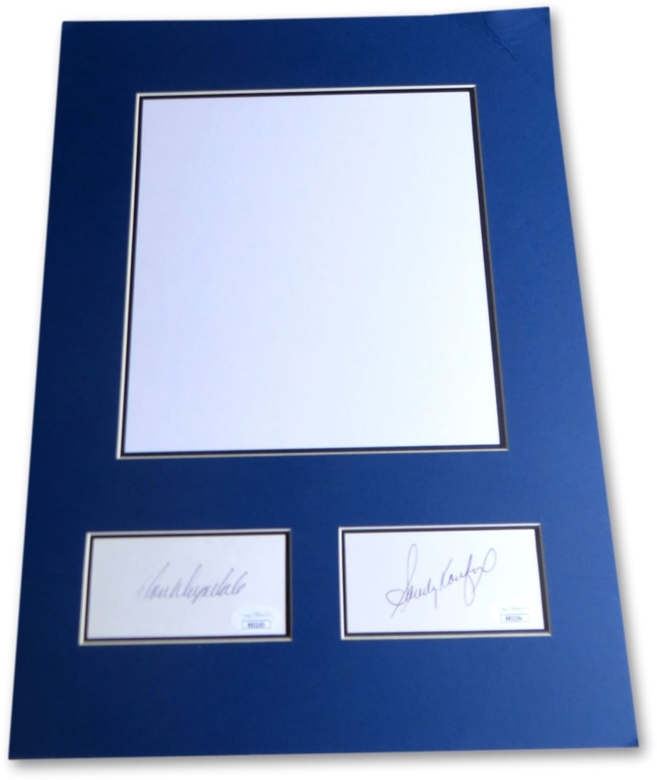 Don Drysdale Sandy Koufax Autographed Cut Signatures 12 x 16 JSA Dodgers: Don Drysdale Sandy Koufax Autographed Cut Signatures 12 x 16 JSA Dodgers This stunning piece features the autographed cut signatures of baseball legends Don Drysdale and Sandy Koufax, meticulously mat