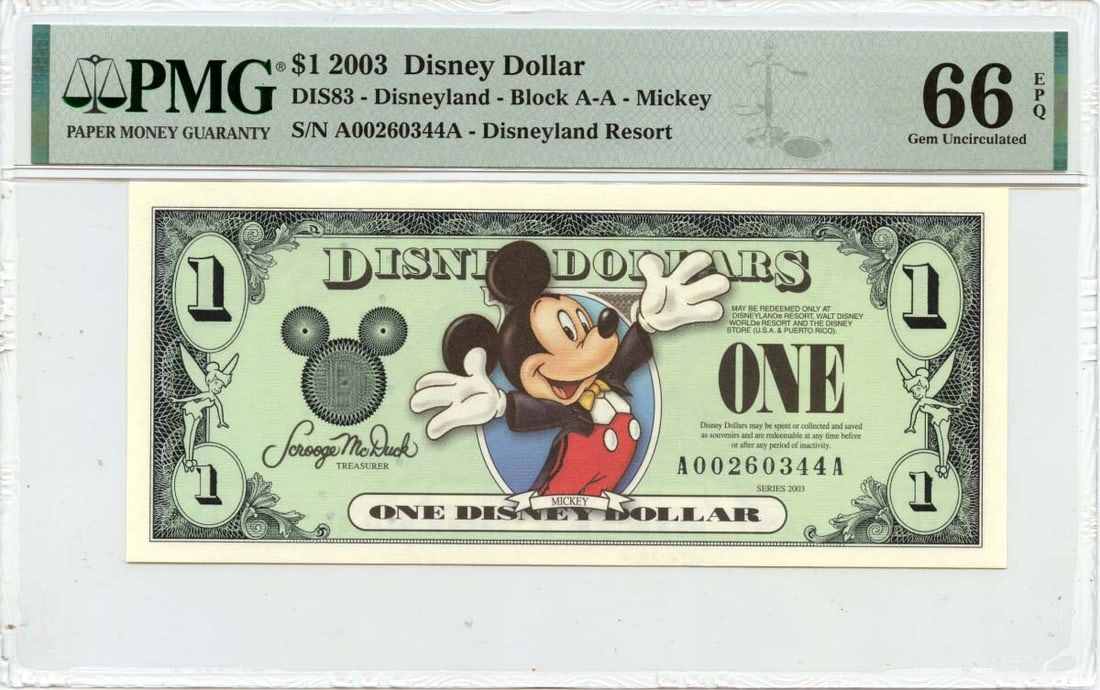 2003 Disney Dollar Mickey PMG MS66 Uncirculated Note: 2003 Disney Dollar Mickey PMG MS66 Uncirculated Note This 2003 $1 Disney Dollar features Mickey Mouse and is a collectible from Disneyland. It is certified by PMG with a grade of MS66, indicating it i