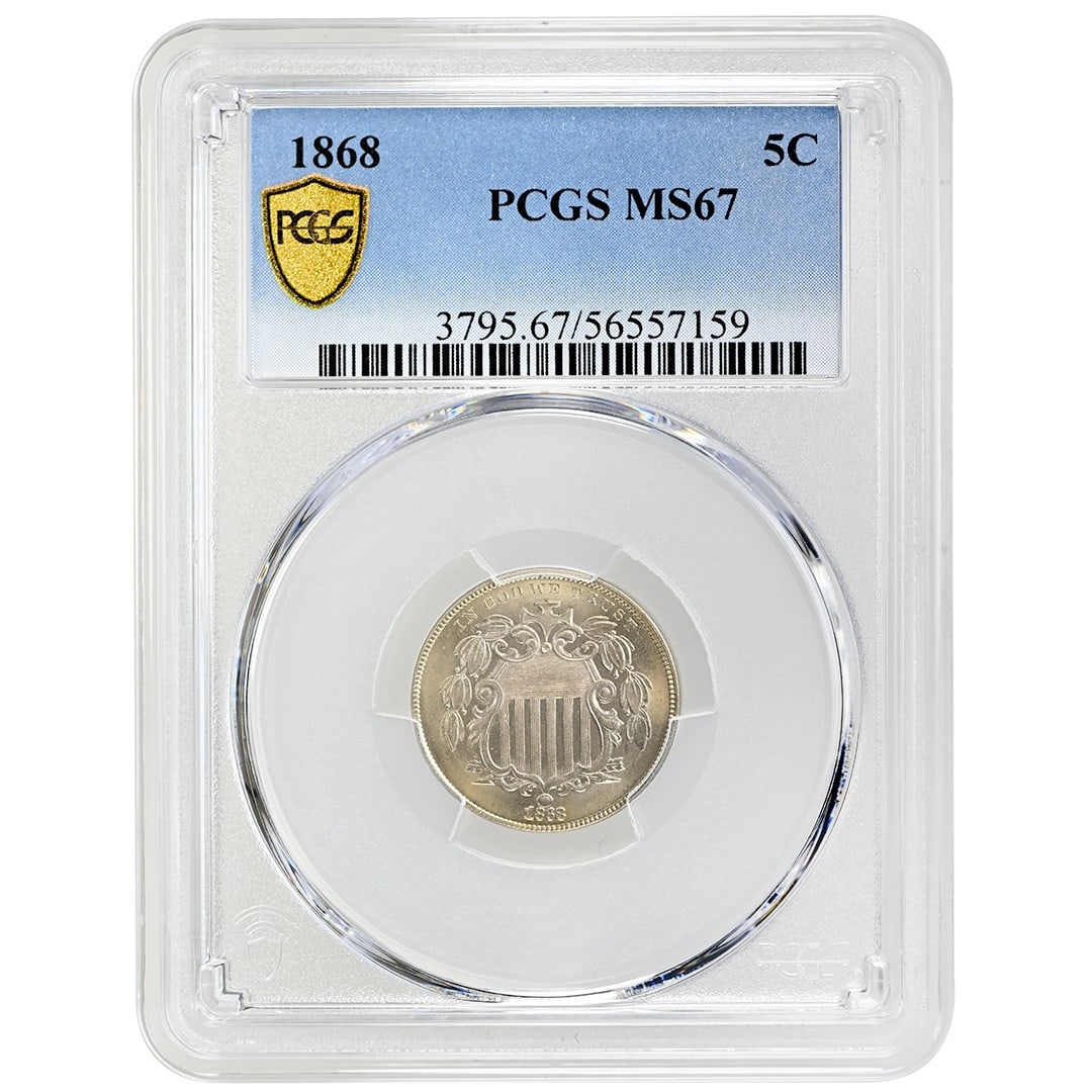 PCGS MS67 1868 Shield 5C Nickel Type 2 No Rays Certified Coin: PCGS MS67 1868 Shield 5C Nickel Type 2 No Rays Certified Coin This is an 1868 Shield Nickel 5-cent coin graded MS67 by PCGS. Struck in Philadelphia, this un-used, pre-owned Type 2 No Rays coin is comp