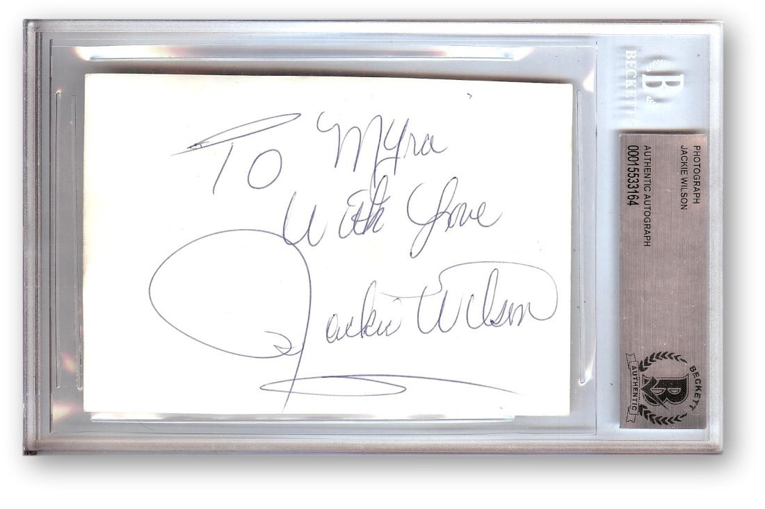Jackie Wilson Autographed Photograph 4.5 x 7 Beckett Authenticated: Jackie Wilson Autographed Photograph 4.5 x 7 Beckett Authenticated This is an original autographed photograph of legendary singer Jackie Wilson, authenticated by Beckett Authentication Services. The p