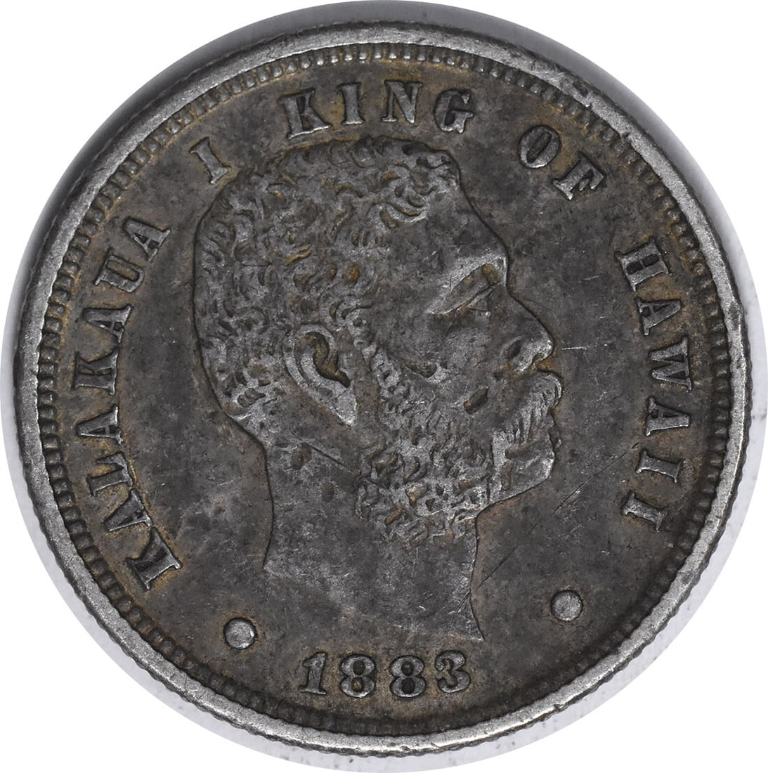 1883 Hawaiian Dime Silver EF Circulated Coin Uncertified: 1883 Hawaiian Dime Silver EF Circulated Coin Uncertified This 1883 Hawaiian Dime features a composition of silver and is graded as Extra Fine (XF). It was minted in Philadelphia and has a diameter of
