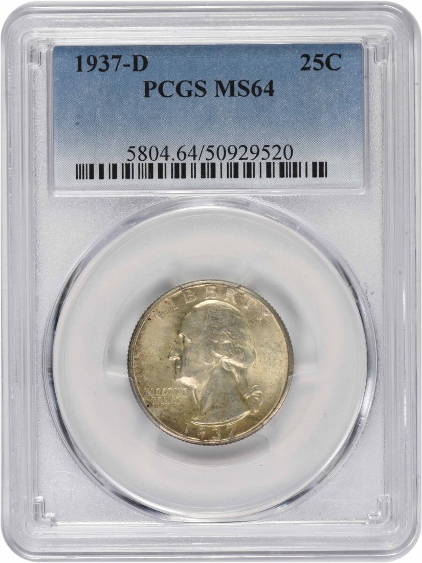 1937-D Washington Silver Quarter MS64 PCGS Certified Coin: 1937-D Washington Silver Quarter MS64 PCGS Certified Coin This 1937-D Washington Silver Quarter is a remarkable example of numismatic craftsmanship, certified by PCGS with a grade of MS64. This uncirc