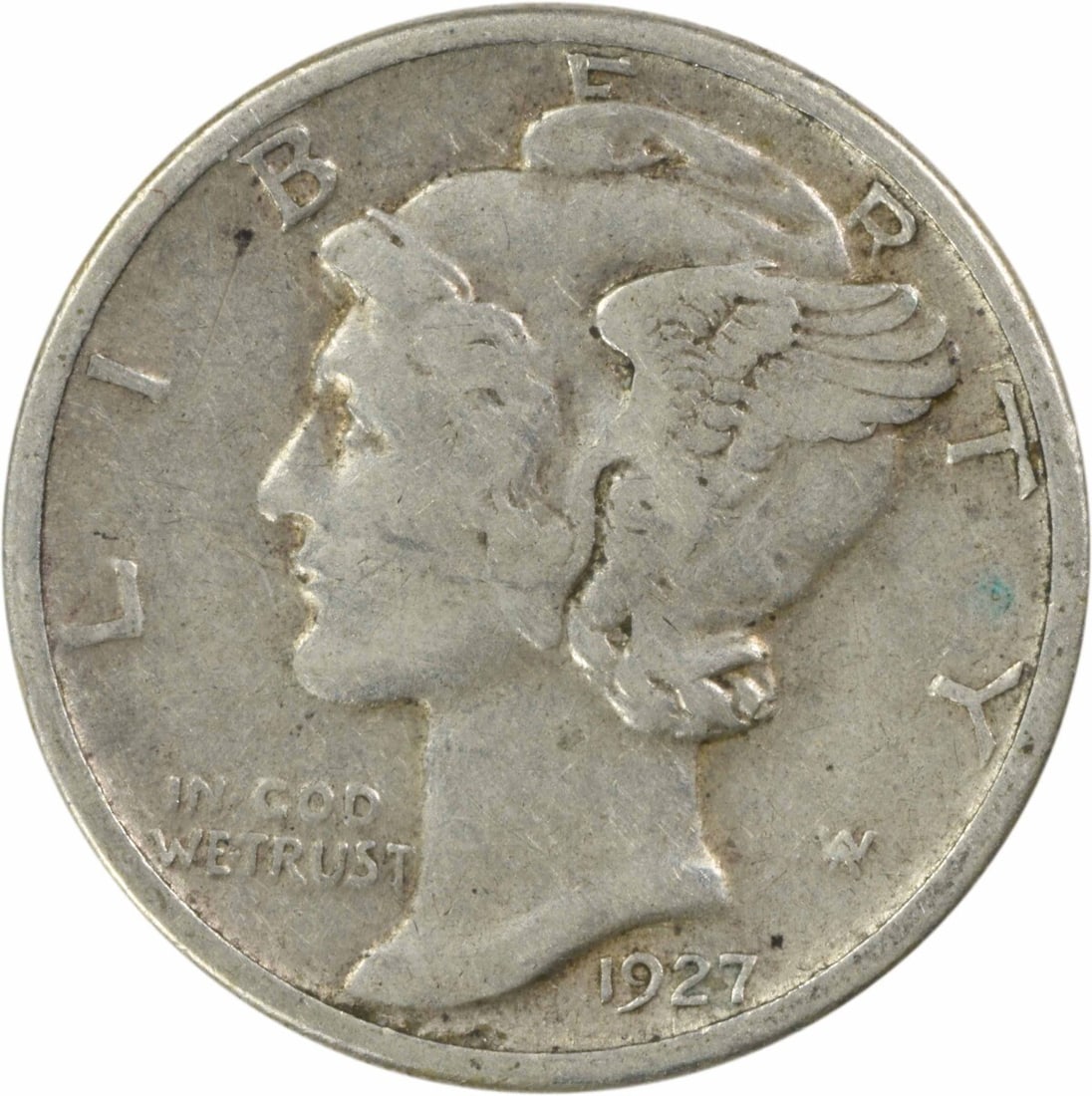 1927-D Mercury Dime 90% Silver Coin by Weinman: 1927-D Mercury Dime 90% Silver Coin by Weinman This 1927-D Mercury Silver Dime is a notable addition for collectors, showcasing the exquisite design by Adolph Alexander Weinman. The coin, minted in De