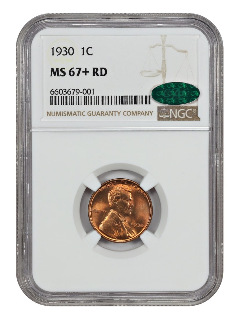 1930 Lincoln Wheat Cent NGC MS67+RD CAC Philadelphia 1C: 1930 Lincoln Wheat Cent NGC MS67+RD CAC Philadelphia 1C This 1930 Lincoln Cent (Wheat Reverse) is graded MS67+RD by NGC and further distinguished by CAC approval. The coin is uncirculated, featuring e