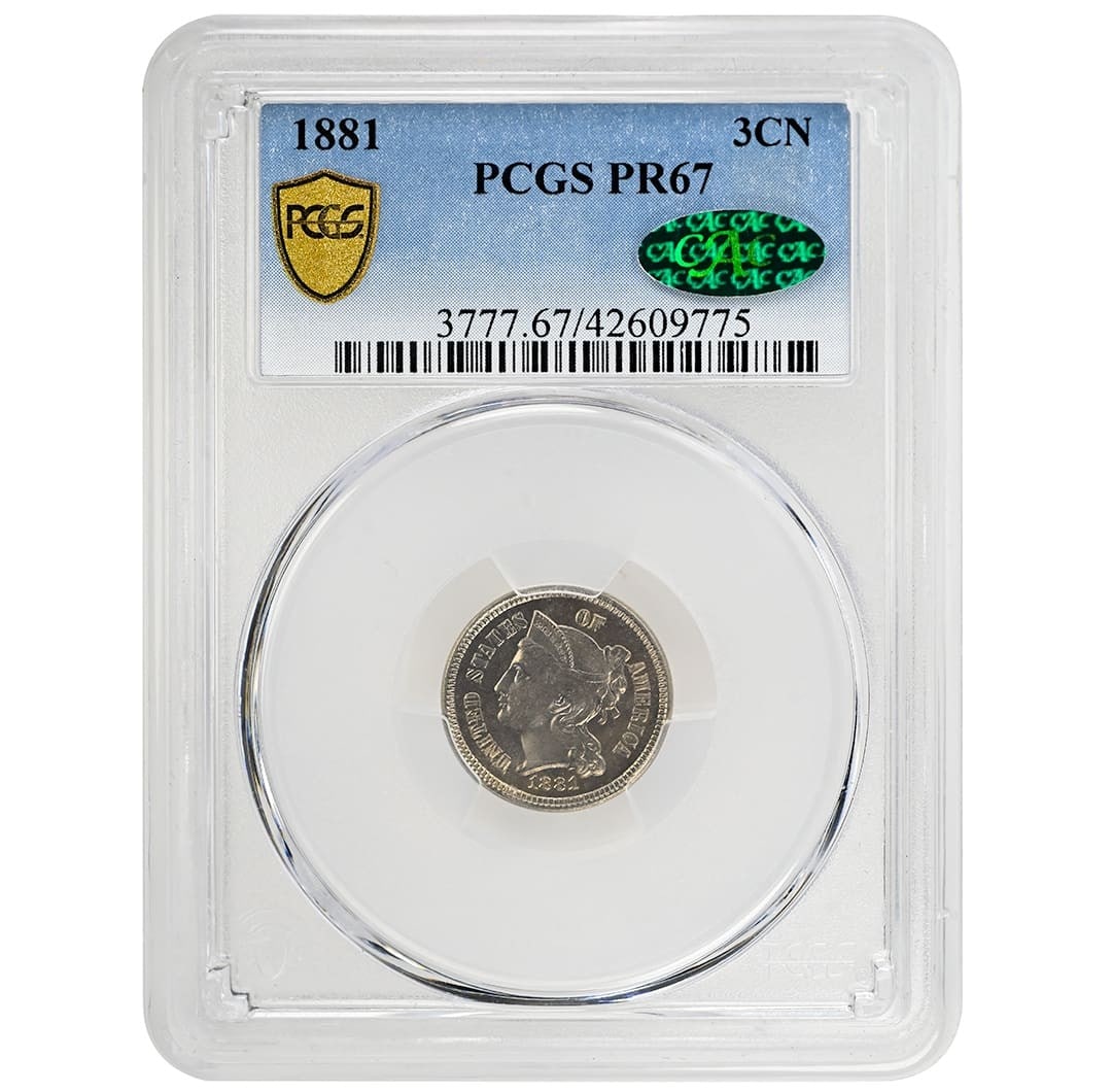 1881 3CN Three Cent Nickel PCGS PF67 CAC Rare Coin: 1881 3CN Three Cent Nickel PCGS PF67 CAC Rare Coin Discover a rare 1881 3CN Three Cent Nickel, certified as PF67 by PCGS and CAC, ensuring its premium quality among collectors. This uncirculated coin