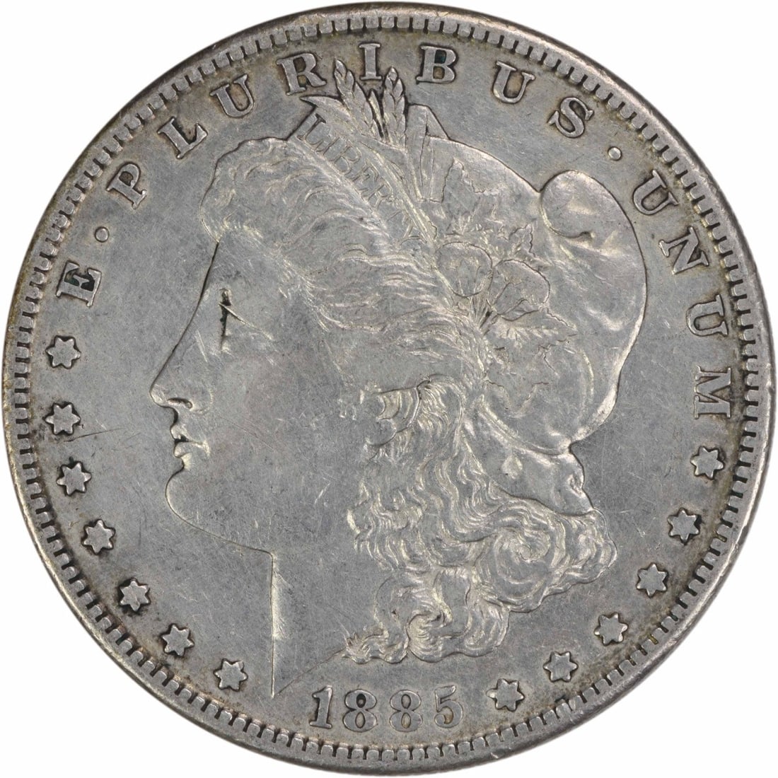 1885 San Francisco Morgan Dollar 90 Percent Silver Extra Fine Uncertified: 1885 San Francisco Morgan Dollar 90 Percent Silver Extra Fine Uncertified This is an 1885-S Morgan Silver Dollar from the San Francisco Mint. The coin is circulated and graded as Extremely Fine (EF).