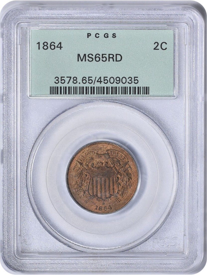 1864 MS65RD Two Cent Piece Bronze Large Motto PCGS Certified: 1864 MS65RD Two Cent Piece Bronze Large Motto PCGS Certified This 1864 Two Cent Piece is a remarkable example of American numismatic history, featuring a large motto design by James Barton Longacre. G