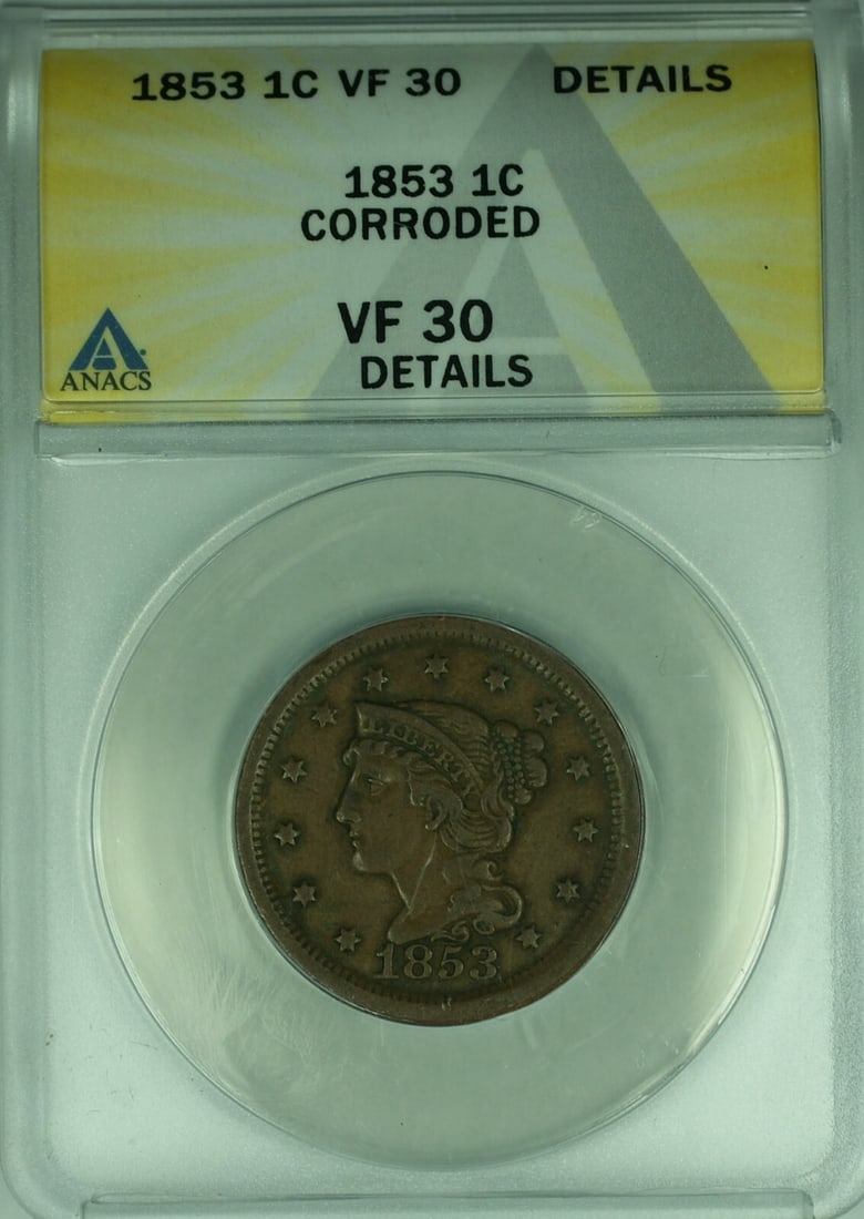 1853 Braided Hair Large Cent ANACS VF-30 Copper Coin: 1853 Braided Hair Large Cent ANACS VF-30 Copper Coin This 1853 Braided Hair Large Cent is a remarkable piece of numismatic history. Certified by ANACS with a grade of VF 30, this circulated coin featu