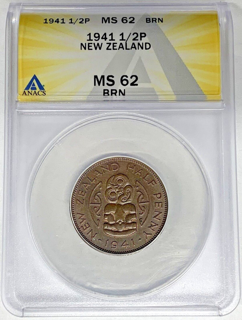 1941 New Zealand 1/2 Half Penny ANACS MS 62 Brown Copper Coin: 1941 New Zealand 1/2 Half Penny ANACS MS 62 Brown Copper Coin This 1941 New Zealand 1/2 Half Penny is a remarkable piece for collectors, graded MS 62 by ANACS. It features a classic copper composition