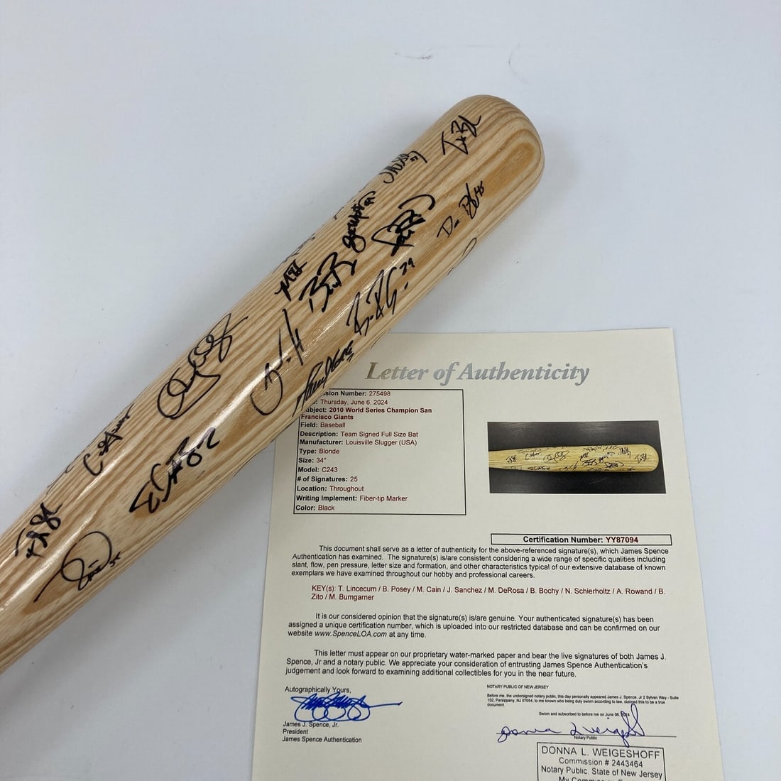 2010 Giants Team Signed Louisville Slugger Bat JSA Authenticated 28 Signatures (1 of 15)