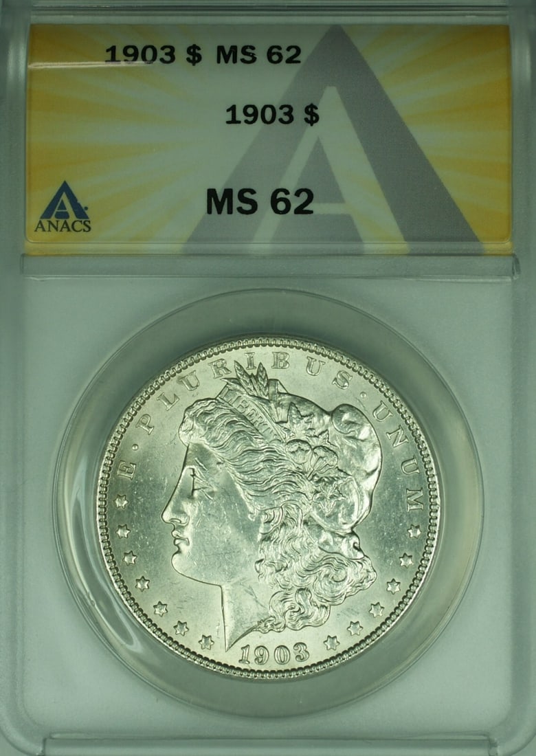 1903 Morgan Silver Dollar ANACS MS-62 Uncirculated Coin: 1903 Morgan Silver Dollar ANACS MS-62 Uncirculated Coin This exquisite 1903 Morgan Silver Dollar is a remarkable collector's item, graded MS 62 by ANACS, showcasing its uncirculated condition. Minted