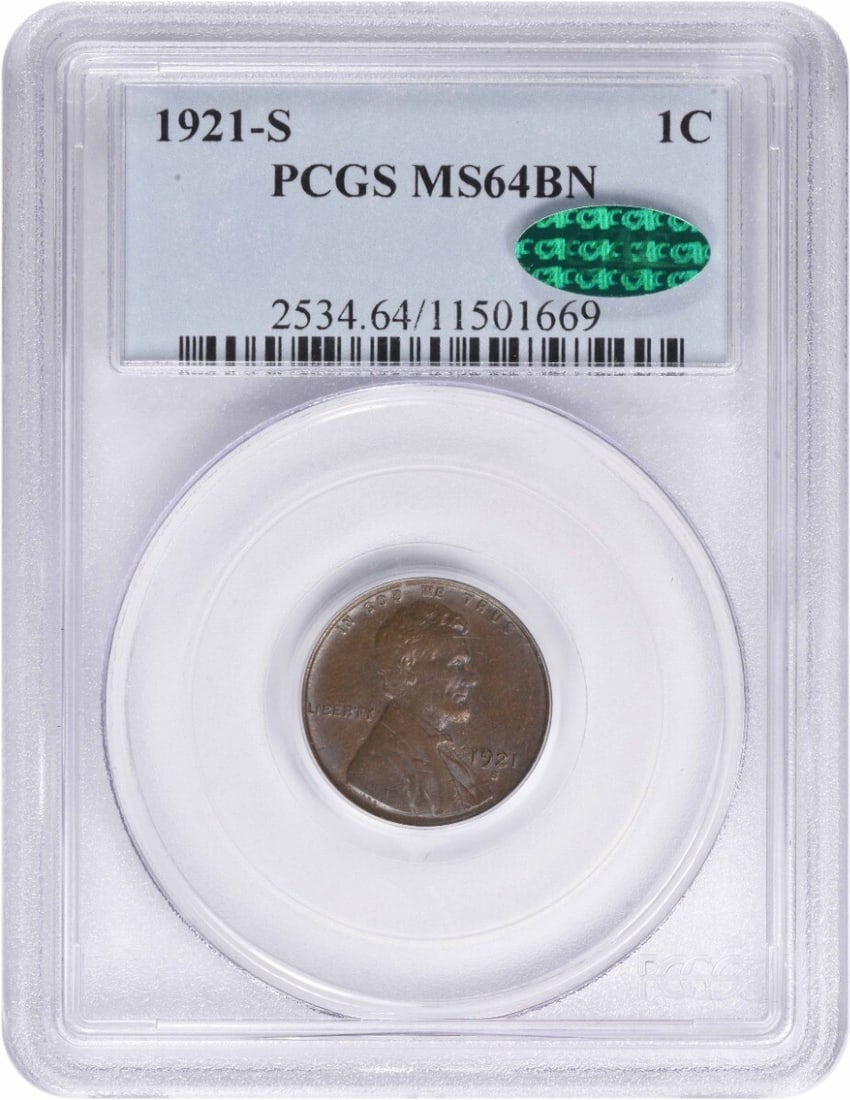 1921-S Lincoln Cent MS64BN PCGS Certified Copper Coin (1 of 2)