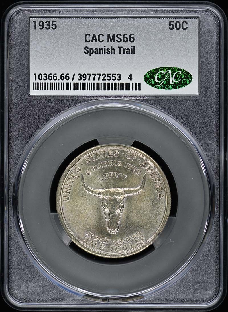 1935 Spanish Trail 50C Silver Commemorative CACG MS66: 1935 Spanish Trail 50C Silver Commemorative CACG MS66 This 1935 Spanish Trail 50 Cent Silver Commemorative coin is an uncirculated piece certified by CACG with a grade of MS66. Struck at the Philadelp