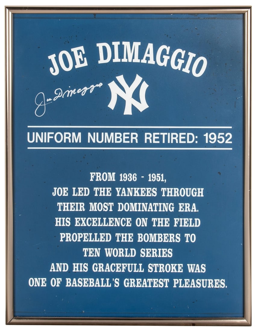 Joe DiMaggio Signed Number 5 Retirement Plaque New York Yankees PSA/DNA: Joe DiMaggio Signed Number 5 Retirement Plaque New York Yankees PSA/DNA Celebrate the legacy of Joe DiMaggio with this remarkable signed retirement plaque. Measuring 18 by 23 inches, this plaque comme