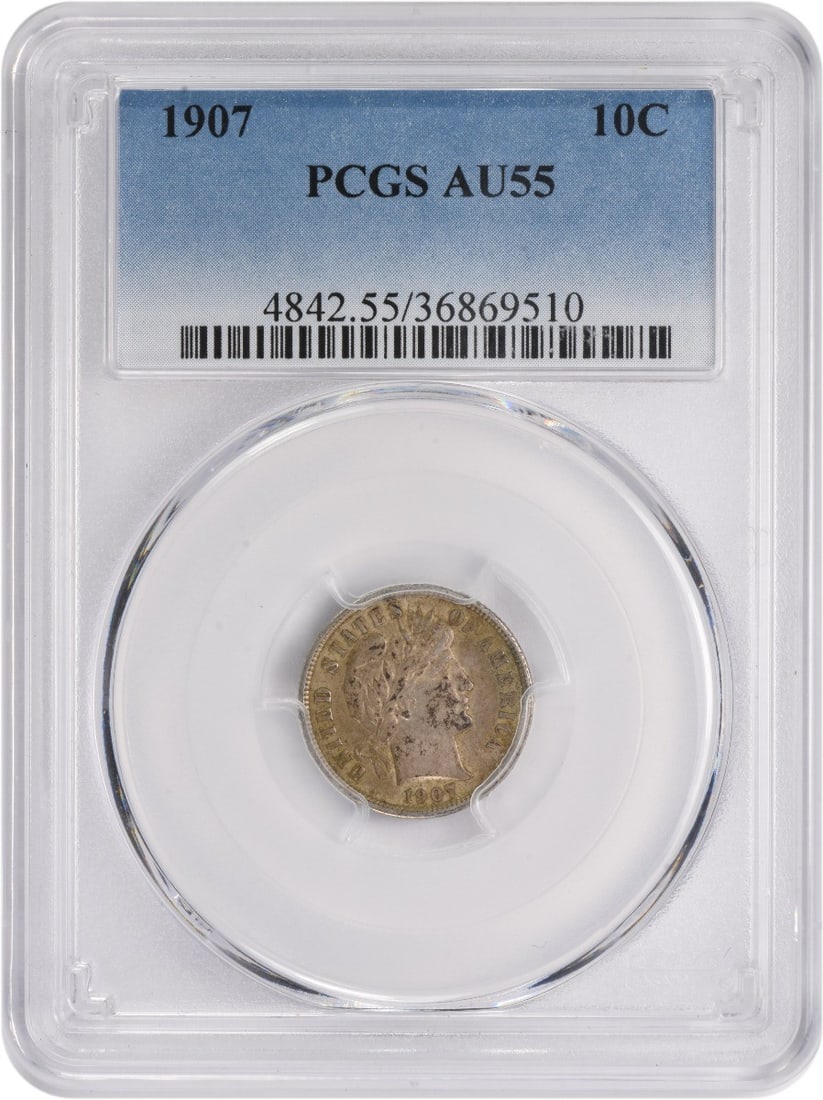 1907 Barber Silver Dime AU55 Certified by PCGS (1 of 2)