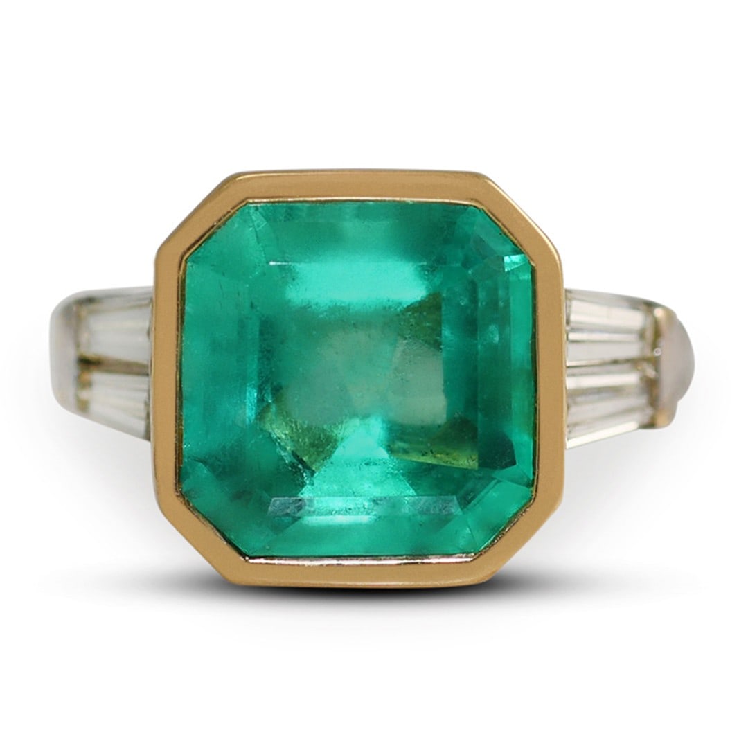 Square Emerald and Diamond Solitaire Ring in 18k Two-Tone Gold 8.8g (1 of 8)