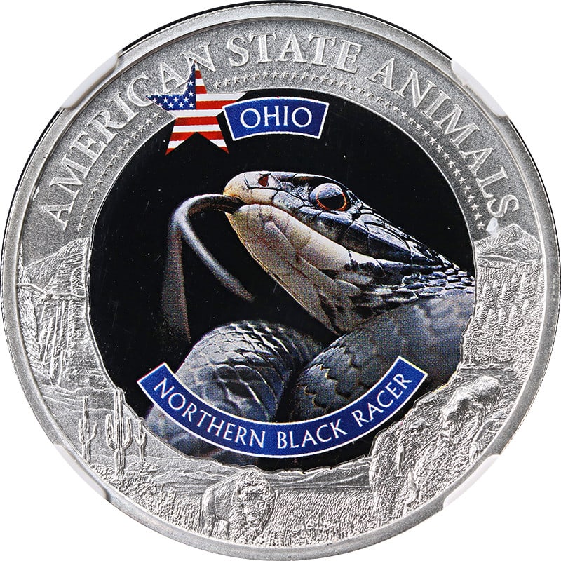 Ohio-Northern Black Racer 2022 Silver $5 Coin NGC MS70 Animal Series 1oz: Ohio-Northern Black Racer 2022 Silver $5 Coin NGC MS70 Animal Series 1oz This is an un-used 2022 Cook Island Animal Series collectible coin featuring the Ohio-Northern Black Racer. Struck in 1oz of 0.