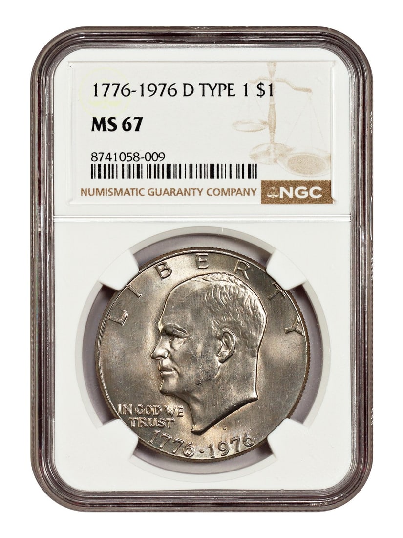 NGC MS67 1976 Denver Eisenhower Dollar Type 1 Uncirculated: NGC MS67 1976 Denver Eisenhower Dollar Type 1 Uncirculated This 1976-D Eisenhower Dollar is graded MS67 by NGC and features a Type 1 variety. Struck at the Denver Mint, the coin displays boldly define