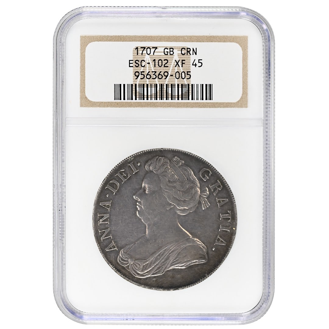 Silver 1707 Crown from Great Britain Anne NGC Certified XF45 Rare Issue: Silver 1707 Crown from Great Britain Anne NGC Certified XF45 Rare Issue This rare 1707 Great Britain Crown from the reign of Queen Anne is certified by NGC with a grade of XF45, highlighting its excep