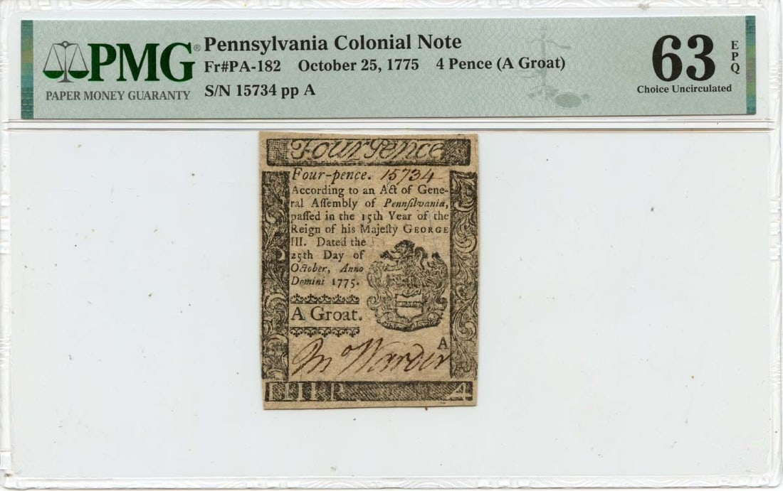 1775 4 Pence Pennsylvania Colonial Currency PMG MS63 Uncirculated (1 of 2)