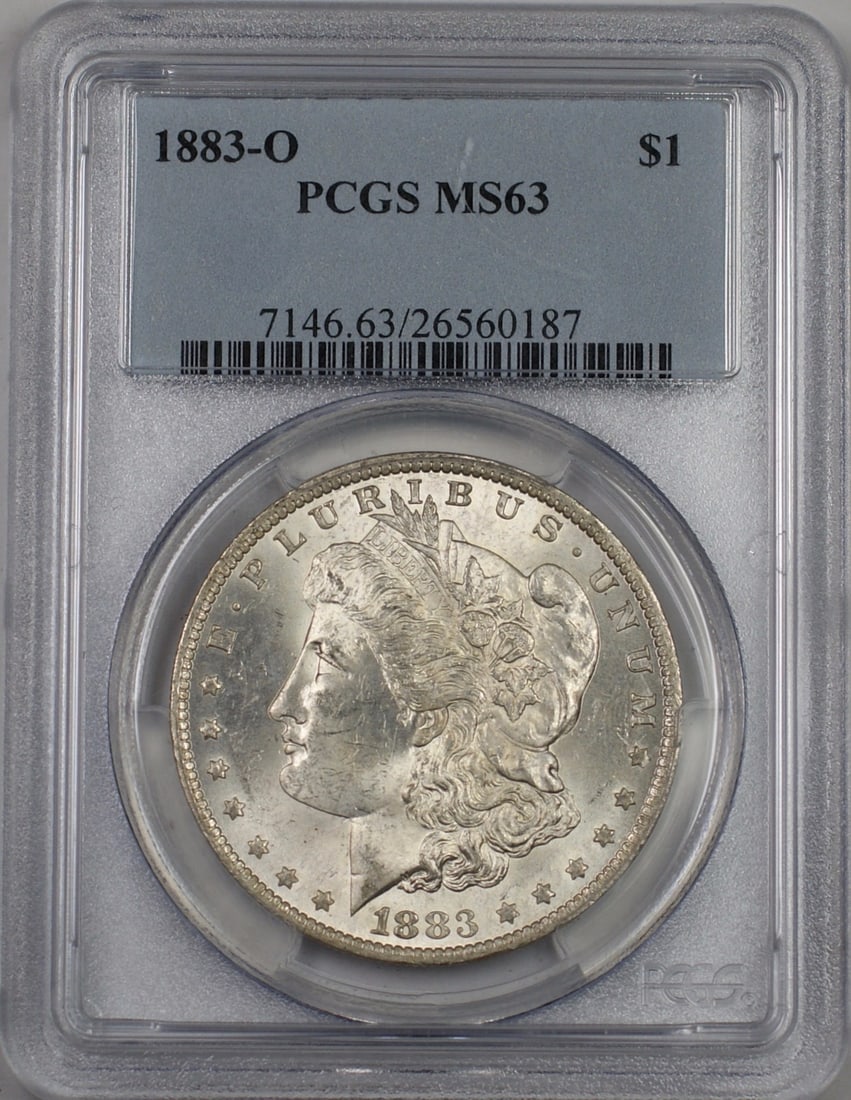 1883-O Morgan Silver Dollar $1 PCGS MS 63 Uncirculated Silver Coin: 1883-O Morgan Silver Dollar $1 PCGS MS 63 Uncirculated Silver Coin This 1883-O Morgan Silver Dollar is a remarkable piece, certified by PCGS with a grade of MS 63. Struck at the New Orleans mint, this