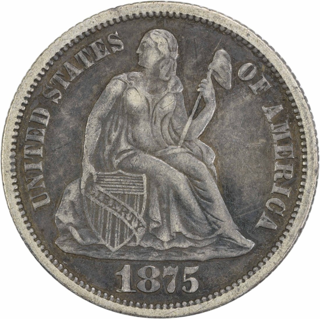 1875 Liberty Seated Silver Dime 90% Silver Uncertified EF: 1875 Liberty Seated Silver Dime 90% Silver Uncertified EF This 1875 Liberty Seated Silver Dime is an exceptional piece of numismatic history. Struck at the Philadelphia mint, this coin features the el