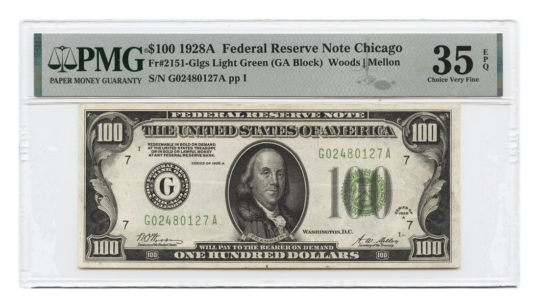 1928 $100 Federal Reserve Note PMG Choice VF35 Light Green Seal (1 of 2)