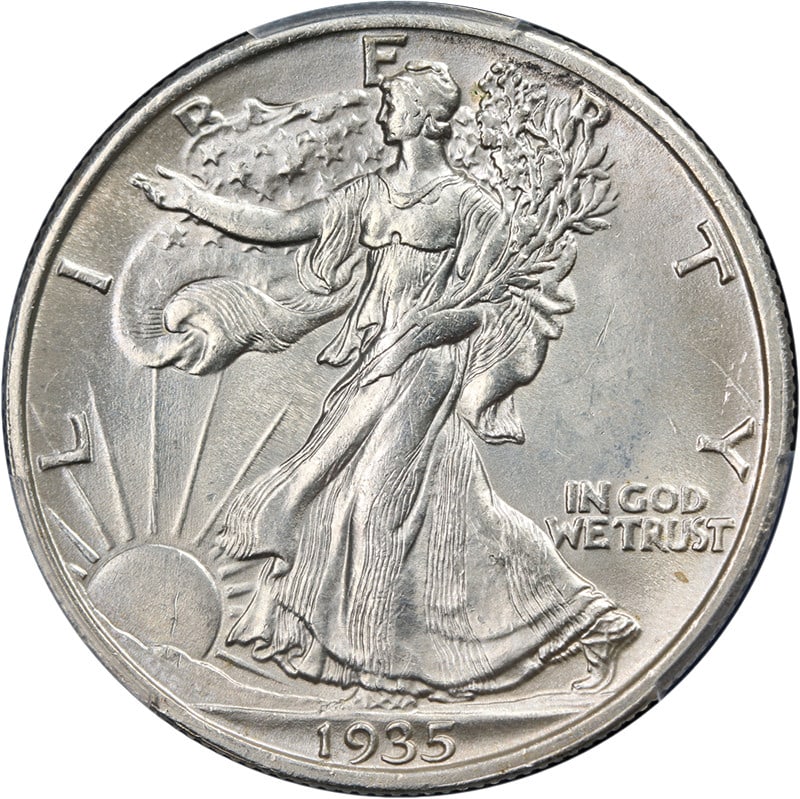 1935-P Walking Liberty Half PCGS Unc Details Silver Coin: 1935-P Walking Liberty Half PCGS Unc Details Silver Coin This 1935-P Walking Liberty Half boasts exceptional eye appeal, characterized by its fantastic luster and strong strike. The coin exhibits grea